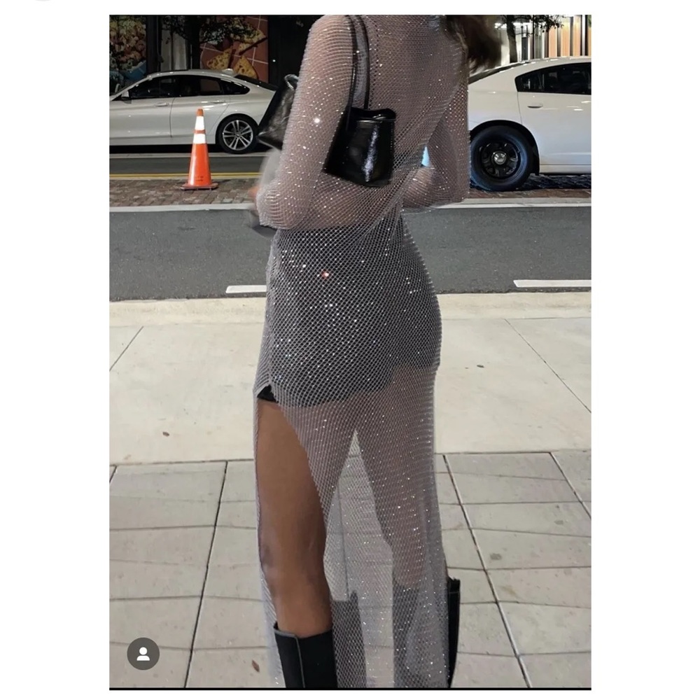 ZARA WOMAN’S FW22 SILVER RHINESTONE MESH LONG DRESS SIZE S REF: 7901/861